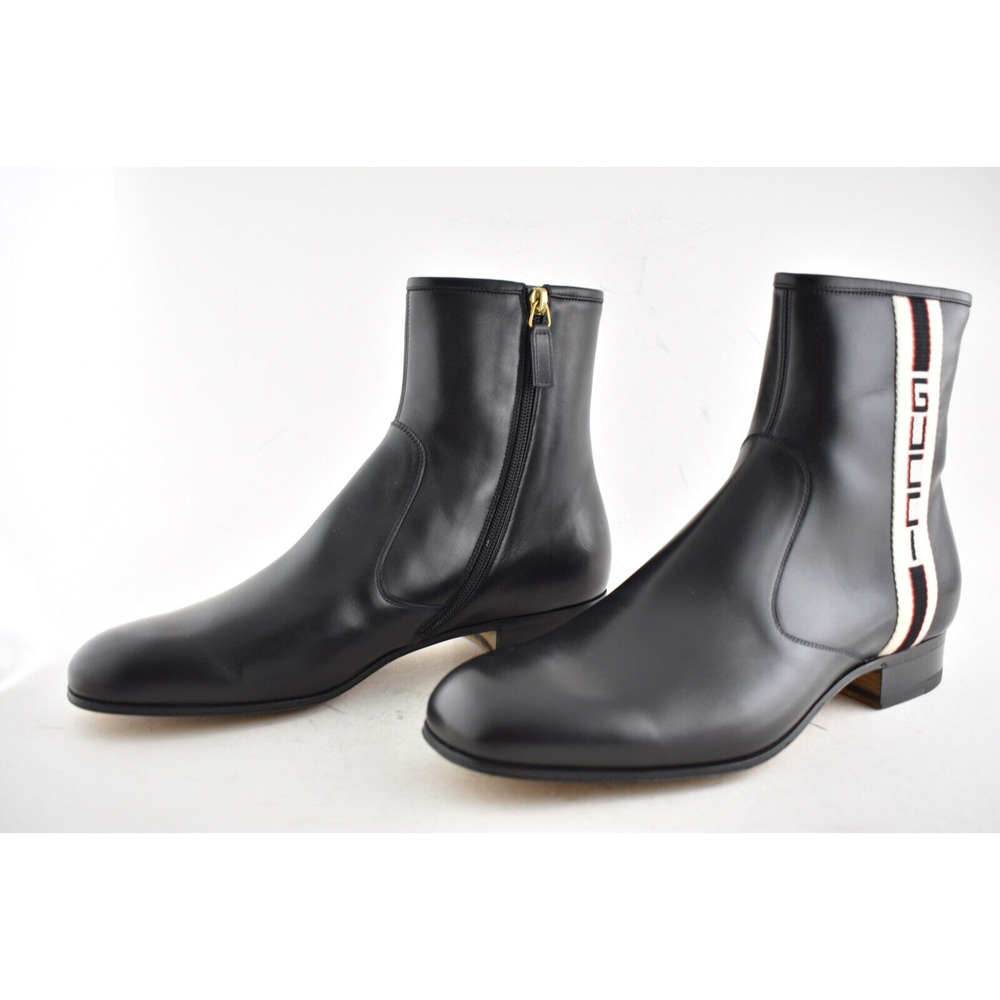 Gucci Mens Bonny Black Leather White Red Web Logo Chelsea Zipper Boots G 8 9 - Picture 9 of 12